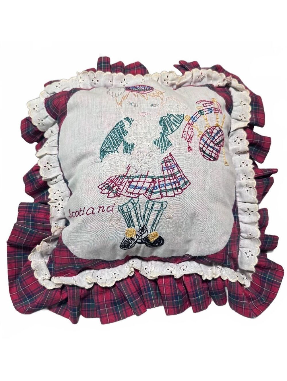 Vintage Embroidered Throw Pillow Scotland Red Plaid Tartan Small 14" x 14"